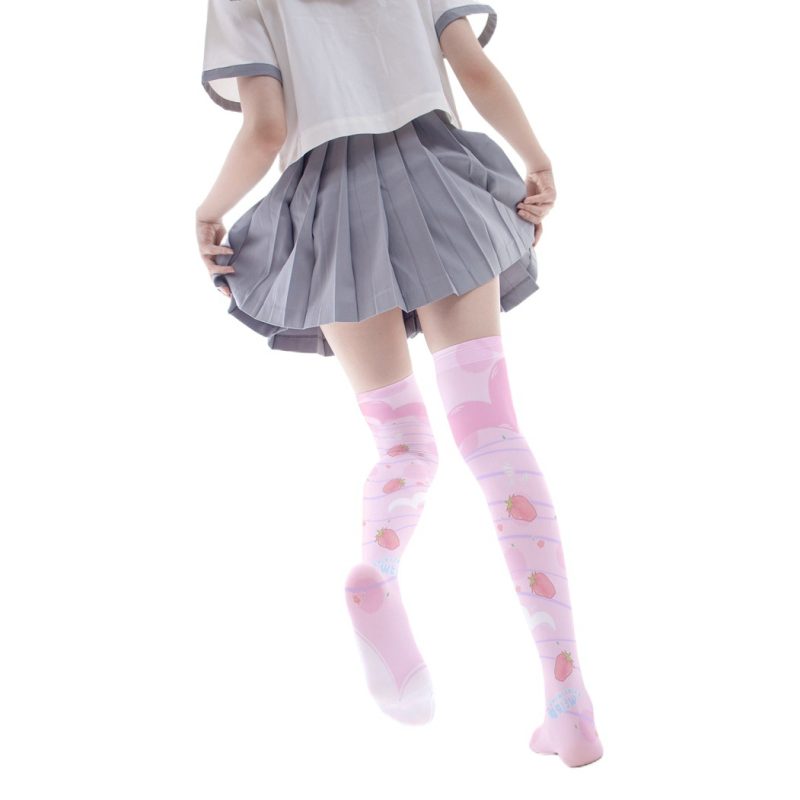 Printed Silk Stockings Thin Women's Spring and Autumn Japanese Style Lolita Cute Animation Over-the-Knee Long White Velvet Socks