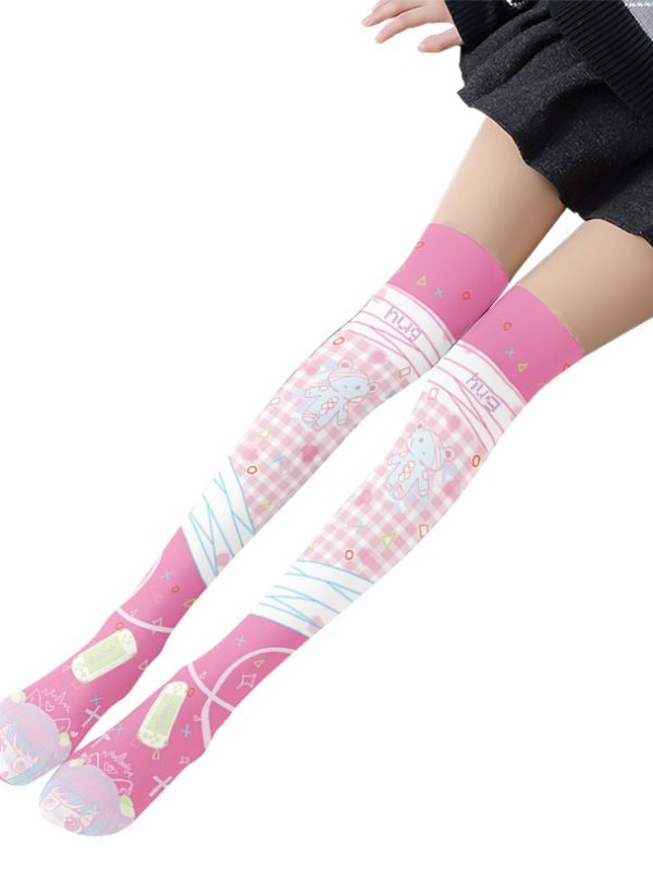 Printed Silk Stockings Thin Women's Spring and Autumn Japanese Style Lolita Cute Animation Over-the-Knee Long White Velvet Socks