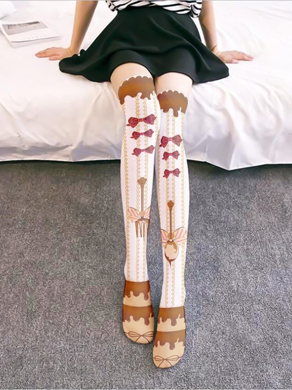 Printed Silk Stockings Thin Women's Spring and Autumn Japanese Style Lolita Cute Animation Over-the-Knee Long White Velvet Socks