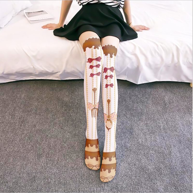 Printed Silk Stockings Thin Women's Spring and Autumn Japanese Style Lolita Cute Animation Over-the-Knee Long White Velvet Socks
