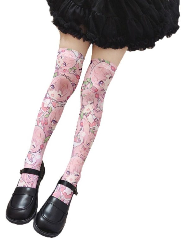 Printed stockings thin women's spring and autumn Japanese Lolita cute cartoon over-the-knee long white velvet socks