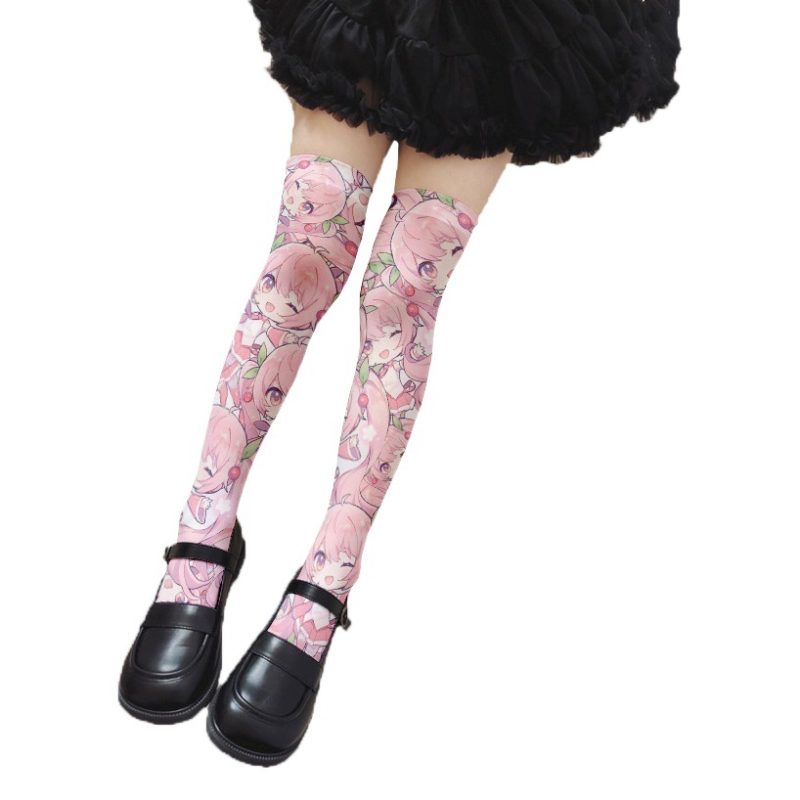 Printed stockings thin women's spring and autumn Japanese Lolita cute cartoon over-the-knee long white velvet socks