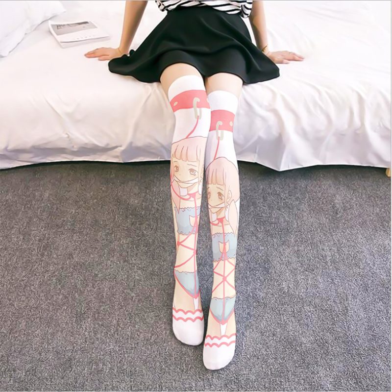Printed Silk Stockings Thin Women's Spring and Autumn Japanese Style Lolita Cute Animation Over-the-Knee Long White Velvet Socks - Image 2