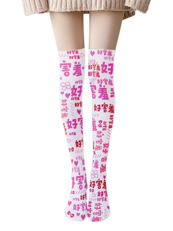 Printed Silk Stockings Thin Women's Spring and Autumn Japanese Style Lolita Cute Animation Over-the-Knee Long White Velvet Socks