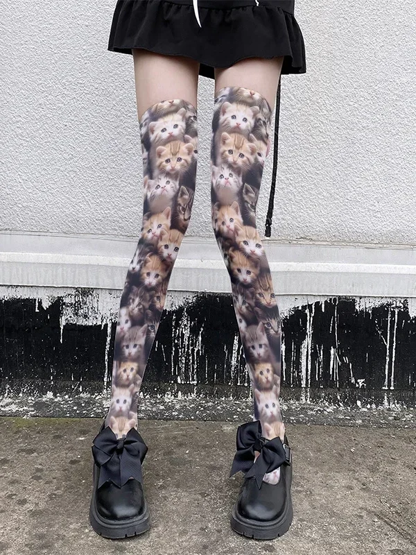 Printed stockings thin women's spring and autumn Japanese Lolita cute cat over the knee long white velvet socks