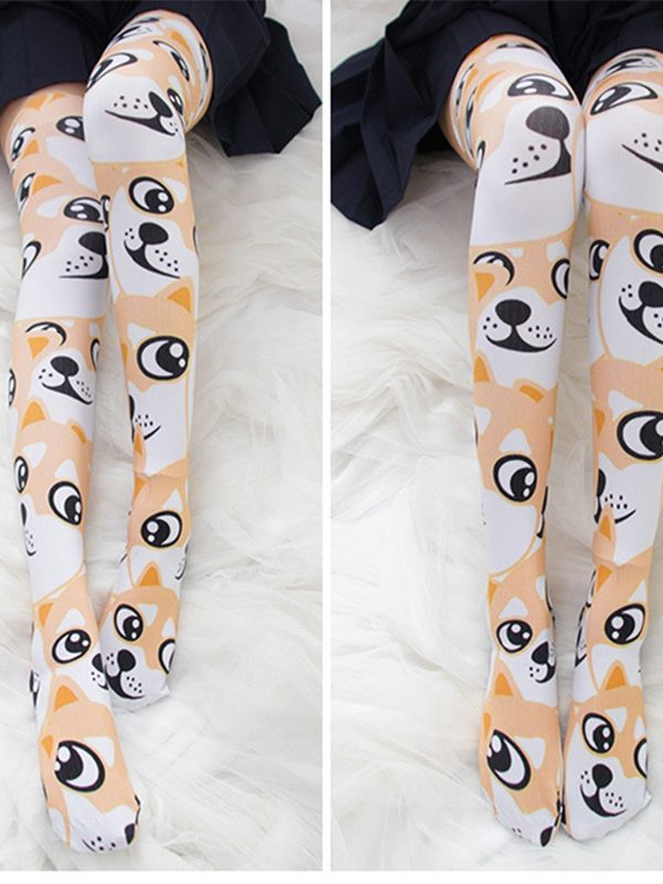 Printed Silk Stockings Thin Women's Spring and Autumn Japanese Style Lolita Cute Animation Over-the-Knee Long White Velvet Socks