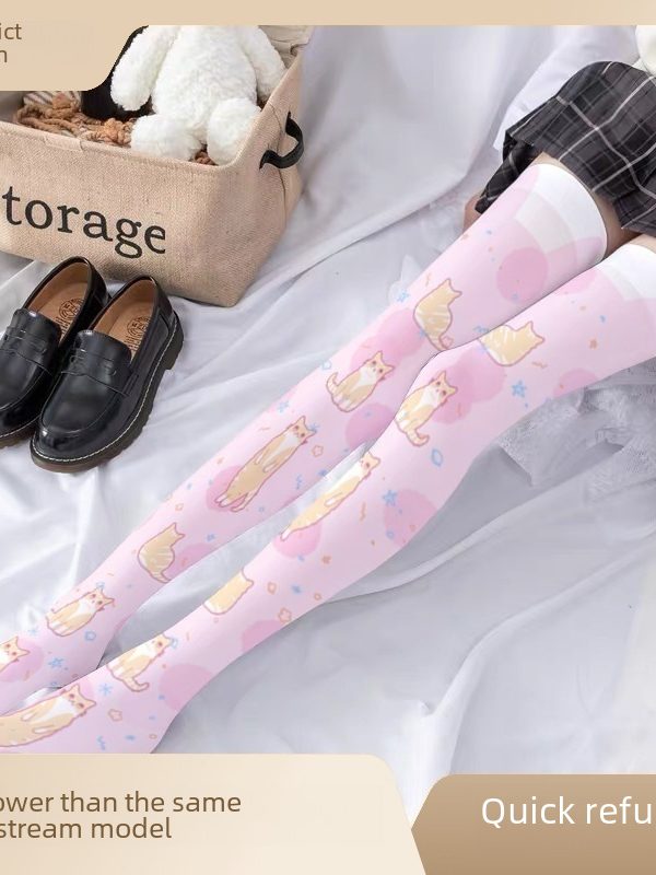 Printed stockings thin women's spring and autumn Japanese Lolita cute anime over-the-knee long white velvet socks