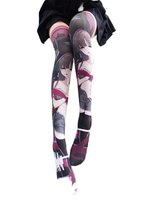 Printed Silk Stockings Thin Women's Spring and Autumn Japanese Style Lolita Cute Animation Over-the-Knee Long White Velvet Socks