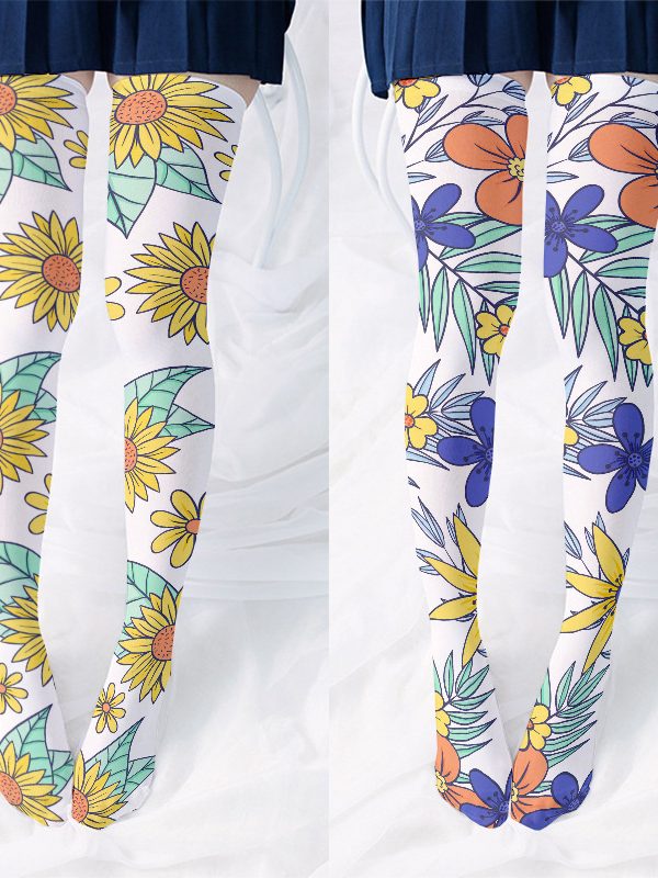 Sunflower Printed Silk Stockings Thin Women's Spring and Autumn Japanese Style Lolita Cute Anime Over-the-Knee Long Socks White
