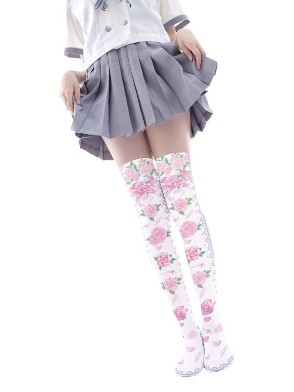 Printed Silk Stockings Thin Women's Spring and Autumn Japanese Style Lolita Cute Animation Over-the-Knee Long White Velvet Socks