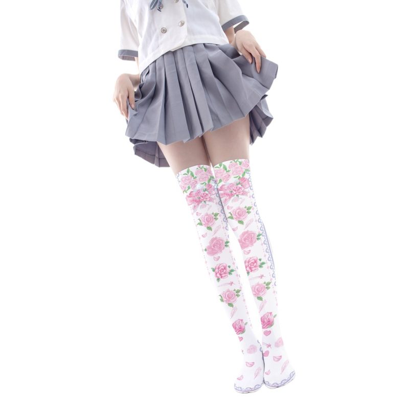 Printed Silk Stockings Thin Women's Spring and Autumn Japanese Style Lolita Cute Animation Over-the-Knee Long White Velvet Socks
