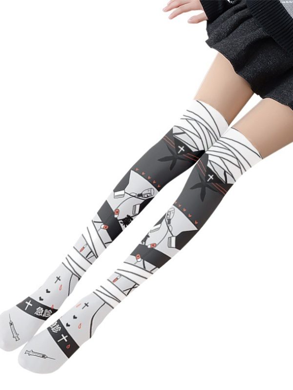 Printed Silk Stockings Thin Women's Spring and Autumn Japanese Style Lolita Cute Animation Over-the-Knee Long White Velvet Socks