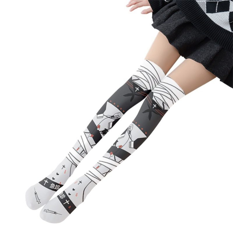 Printed Silk Stockings Thin Women's Spring and Autumn Japanese Style Lolita Cute Animation Over-the-Knee Long White Velvet Socks