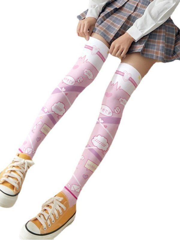 Printed Silk Stockings Thin Women's Spring and Autumn Japanese Style Lolita Cute Animation Over-the-Knee Long White Velvet Socks