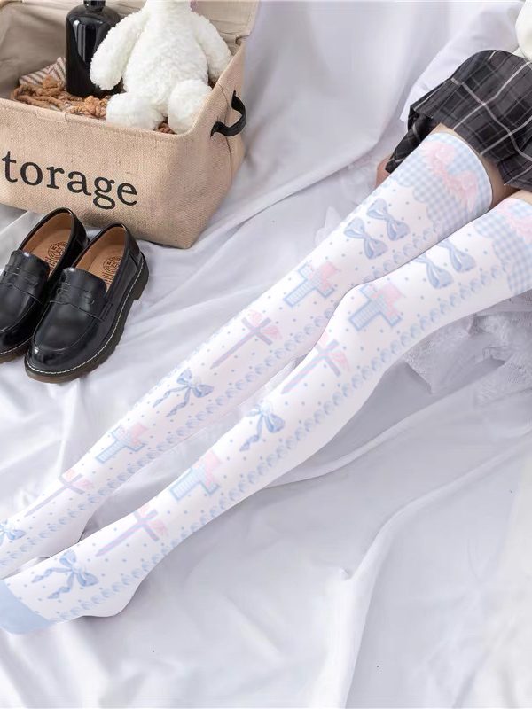 Cross Print Silk Stockings Thin Women's Spring and Autumn Japanese Style Lolita Cute Animation Over-the-Knee Long White Velvet Socks