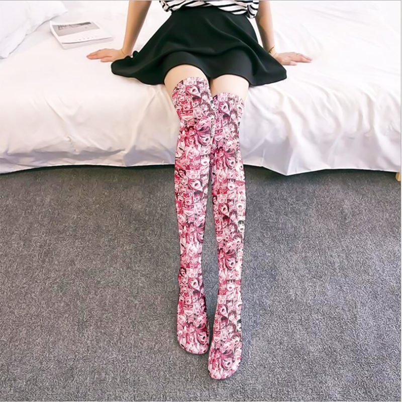 Printed Silk Stockings Thin Women's Spring and Autumn Japanese Style Lolita Cute Animation Over-the-Knee Long White Velvet Socks - Image 2