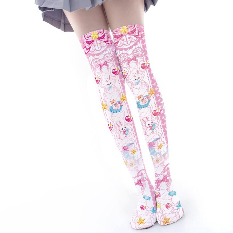 Printed Silk Stockings Thin Women's Spring and Autumn Japanese Style Lolita Cute Animation Over-the-Knee Long White Velvet Socks - Image 4