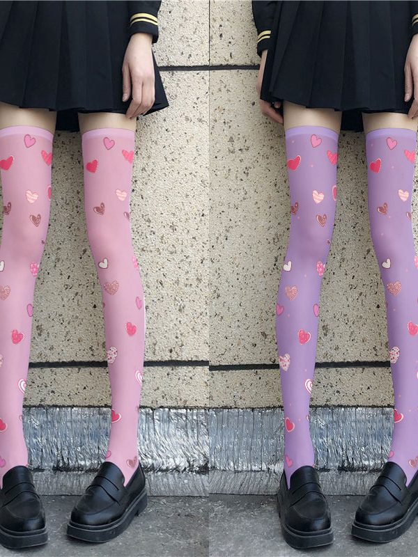 Printed Silk Stockings Thin Women's Spring and Autumn Japanese Style Lolita Cute Animation Over-the-Knee Long White Velvet Socks