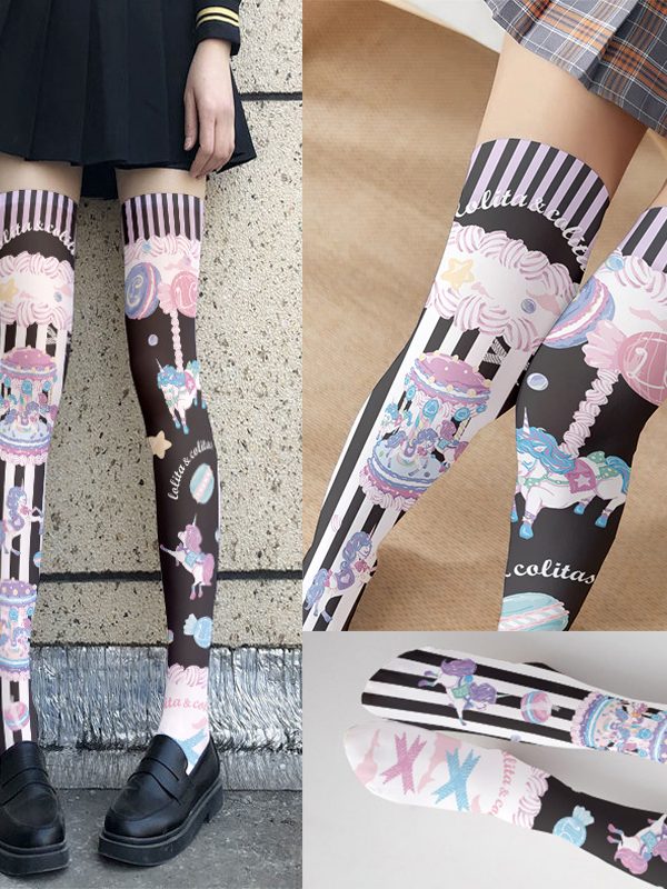 Striped Printed Silk Stockings Thin Women's Spring and Autumn Japanese Style Lolita Cute Animation Over-the-Knee Long White Velvet Socks