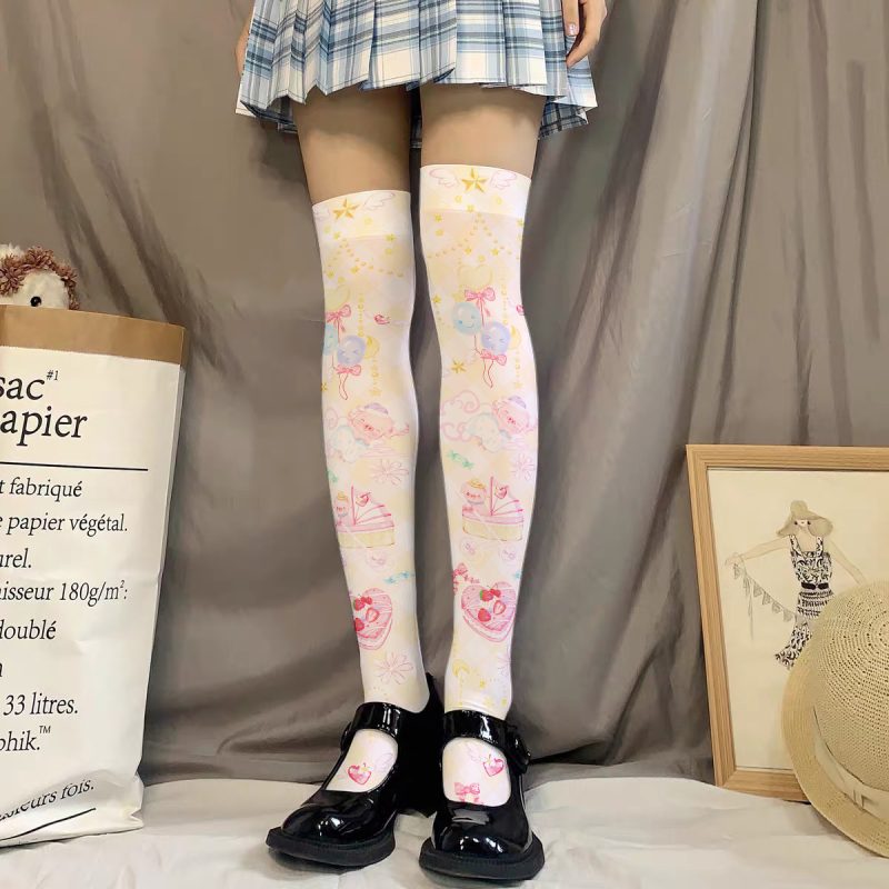 Printed Silk Stockings Thin Women's Spring and Autumn Japanese Style Lolita Cute Animation Over-the-Knee Long White Velvet Socks - Image 3