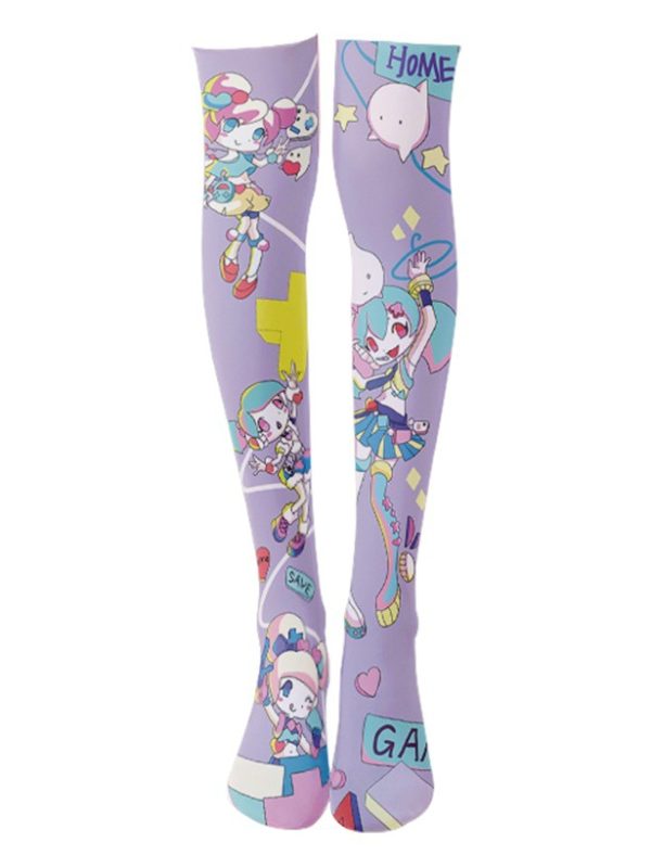 Printed Silk Stockings Thin Women's Spring and Autumn Japanese Style Lolita Cute Animation Over-the-Knee Long White Velvet Socks