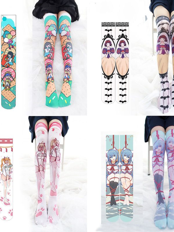 Printed stockings thin women's spring and autumn Japanese Lolita cute anime over-the-knee long white velvet socks