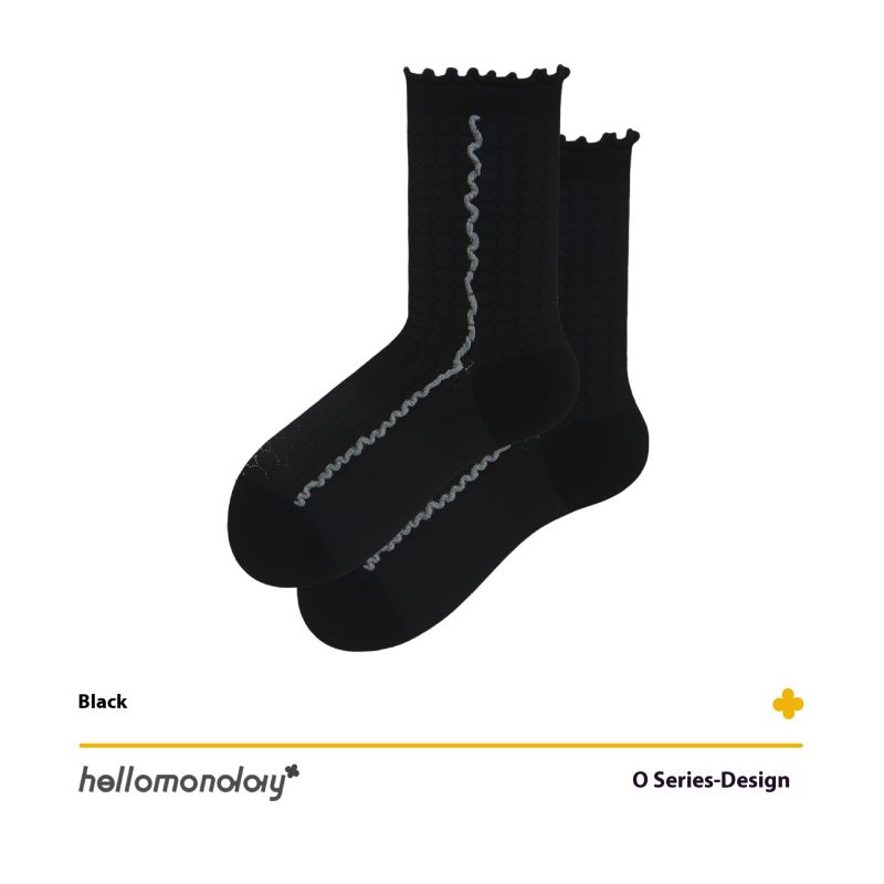 Women's Summer Thin Contrast Mid-length Socks Embossed Boneless Ear-edged Stockings Girls Black Cotton Socks - Image 6