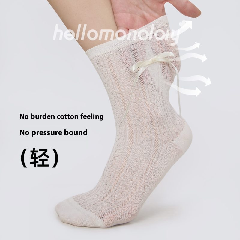 Women's Summer Thin White Mesh Mid-Calf Socks Cotton Miu Ballet Style with Small Leather Shoes Solid Color Seamless - Image 2