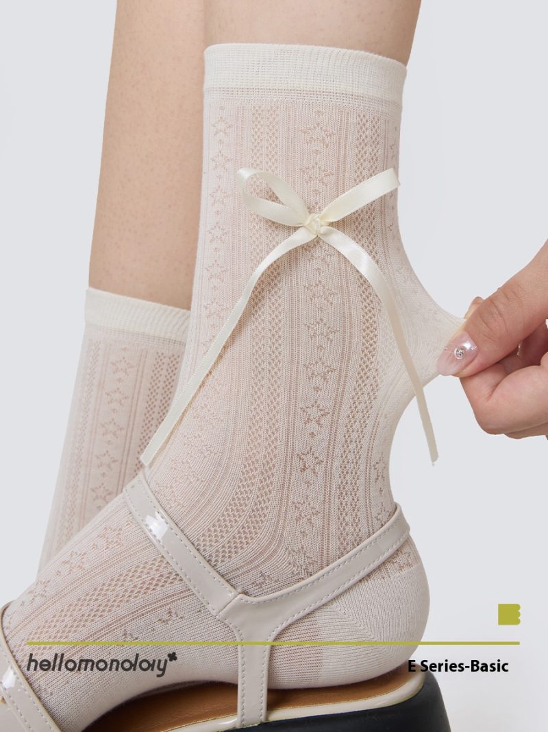 Women's Summer Thin White Mesh Mid-Calf Socks Cotton Miu Ballet Style with Small Leather Shoes Solid Color Seamless - Image 9