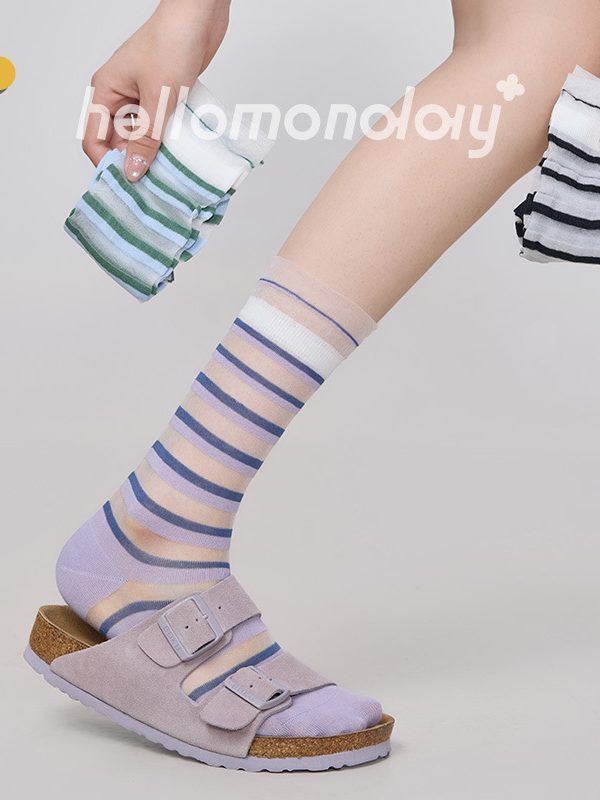Socks Women'S Summer Thin Contrast Striped Tube Socks Glass Silk Cool Feeling Ice Long Socks Summer Cotton Socks