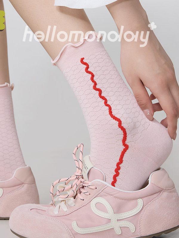 Women's Summer Thin Contrast Mid-length Socks Embossed Boneless Ear-edged Stockings Girls Black Cotton Socks