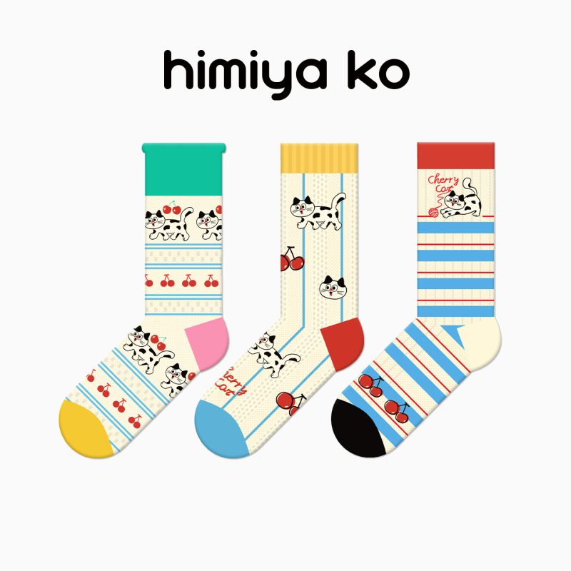 Cherry Cow Cat Summer Women's Thin Cute Striped Plaid Mid-Tube Dopamine Breathable Non-Slip Combed Cotton Socks - Image 6