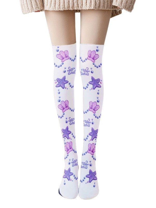Printed Silk Stockings Thin Women's Spring and Autumn Japanese Style Lolita Cute Animation Over-the-Knee Long White Velvet Socks