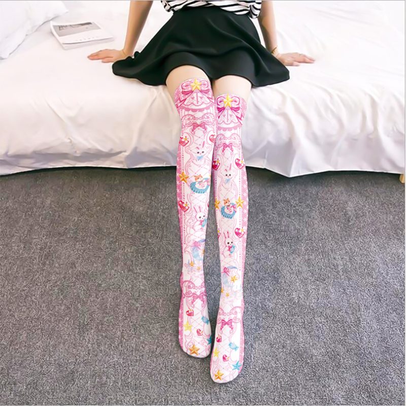 Printed Silk Stockings Thin Women's Spring and Autumn Japanese Style Lolita Cute Animation Over-the-Knee Long White Velvet Socks - Image 3