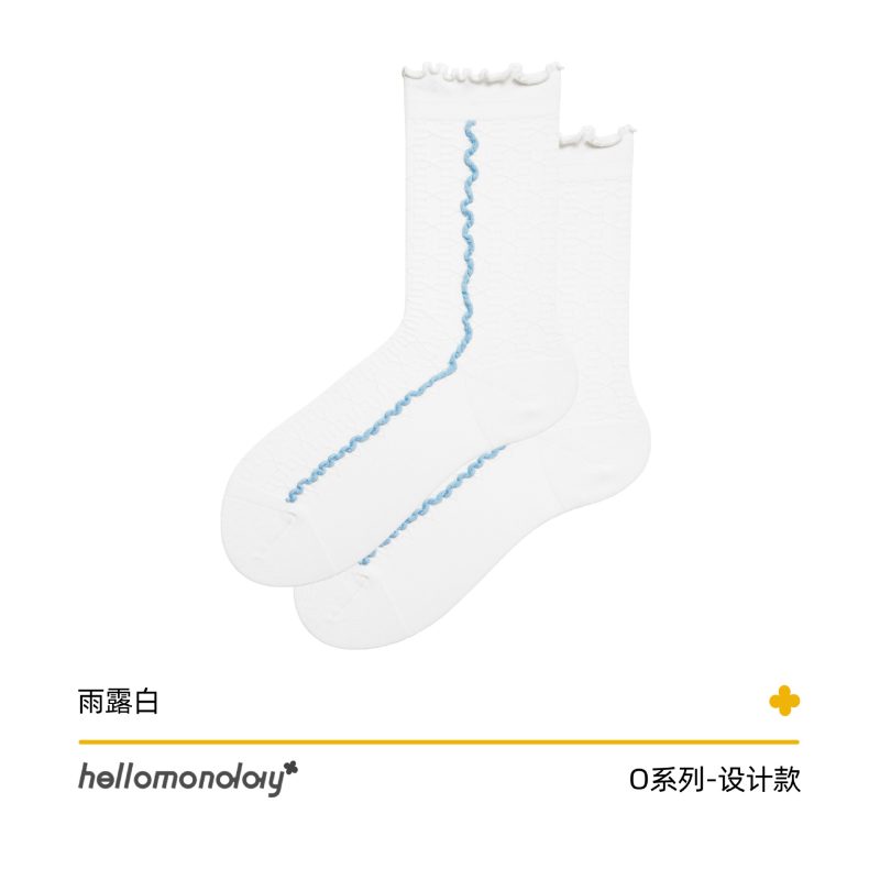 Women's Summer Thin Contrast Mid-length Socks Embossed Boneless Ear-edged Stockings Girls Black Cotton Socks - Image 7