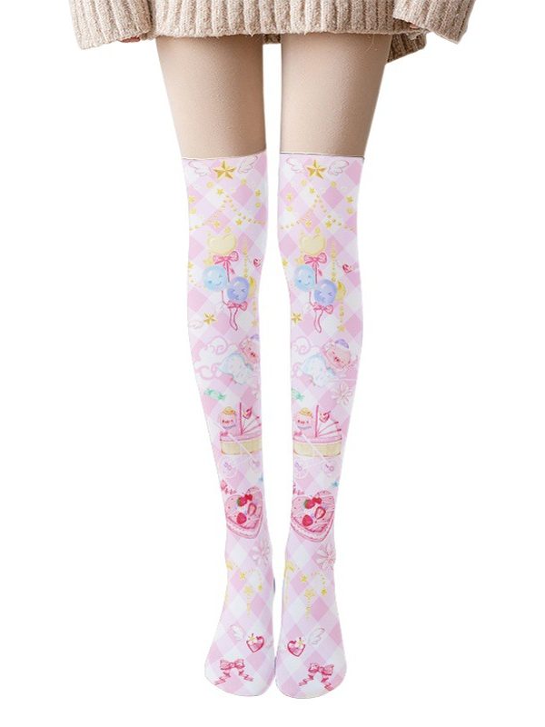 Printed Silk Stockings Thin Women's Spring and Autumn Japanese Style Lolita Cute Animation Over-the-Knee Long White Velvet Socks