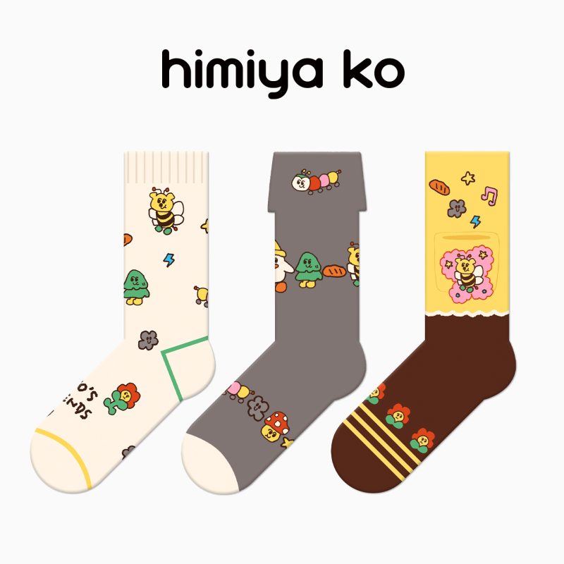 Popo Series Summer Cute Cartoon Women's Socks Combed Cotton Sweat-Absorbent Breathable Cuffed Cuff Design Mid-Calf Socks - Image 6