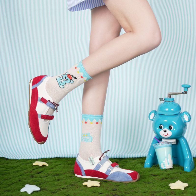 Ice Shaved Bear Summer Socks for Women, Thin Cute Cartoon Breathable Combed Cotton Hollow Sports Non-Slip Mid-Calf - Image 2