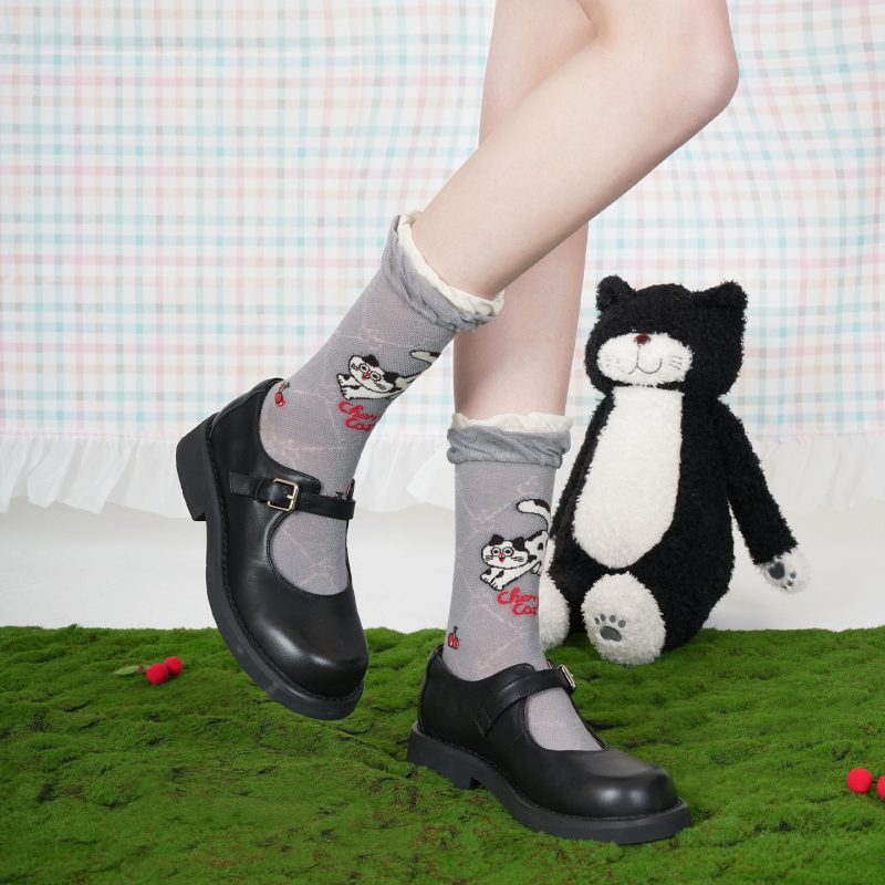 Cherry Cow Cat Summer Women's Thin Cute Striped Plaid Mid-Tube Dopamine Breathable Non-Slip Combed Cotton Socks - Image 4