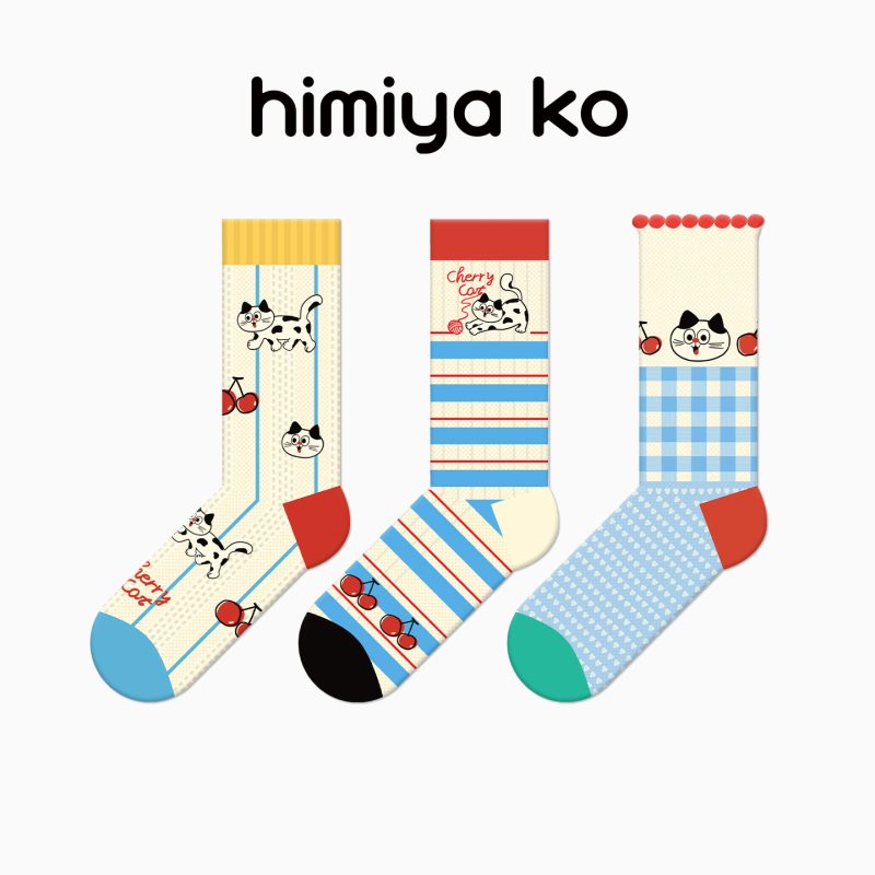 Cherry Cow Cat Summer Women's Thin Cute Striped Plaid Mid-Tube Dopamine Breathable Non-Slip Combed Cotton Socks - Image 9