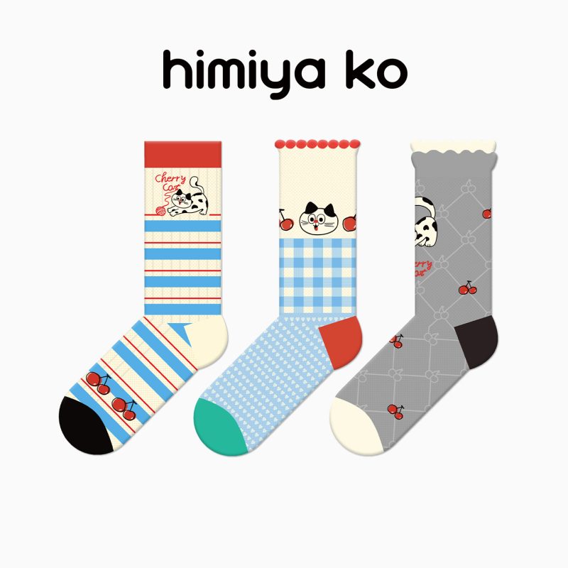 Cherry Cow Cat Summer Women's Thin Cute Striped Plaid Mid-Tube Dopamine Breathable Non-Slip Combed Cotton Socks - Image 11