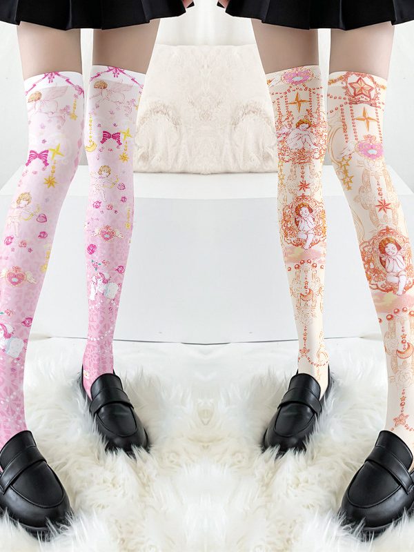 Cupid Printed Silk Stockings Thin Women's Spring and Autumn Japanese Style Lolita Cute Anime Over-the-Knee Long Tube White Velvet