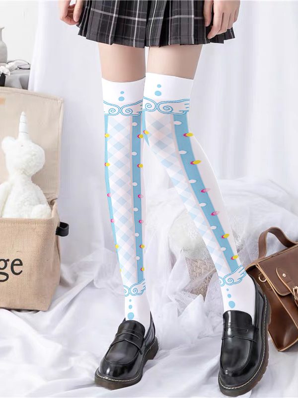 Printed Silk Stockings Thin Women's Spring and Autumn Japanese Style Lolita Cute Animation Over-the-Knee Long White Velvet Socks