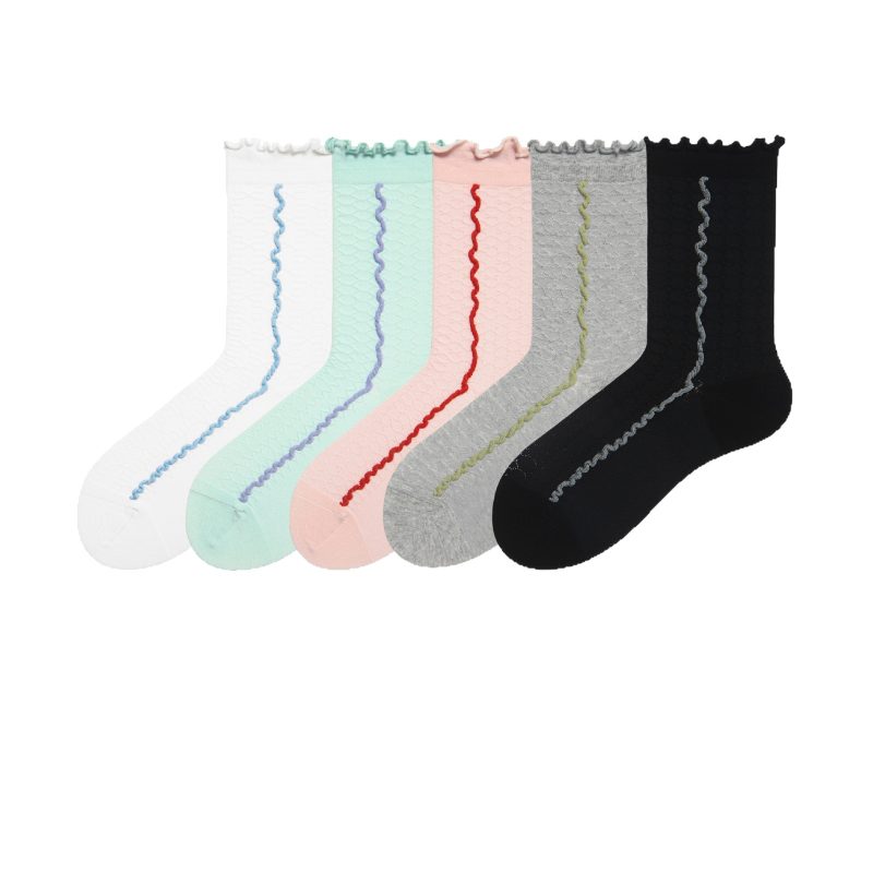 Women's Summer Thin Contrast Mid-length Socks Embossed Boneless Ear-edged Stockings Girls Black Cotton Socks - Image 4