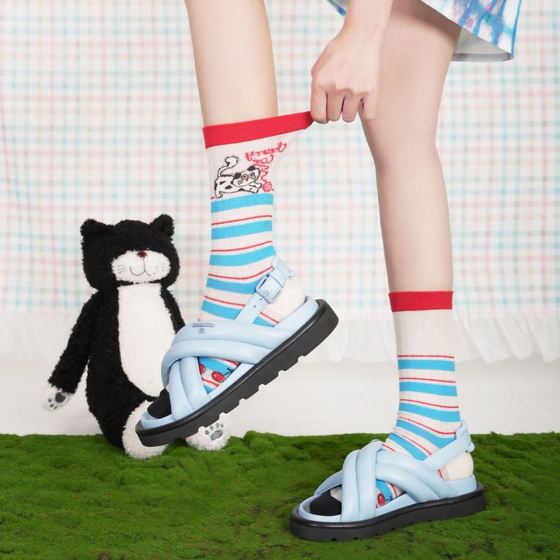 Cherry Cow Cat Summer Women's Thin Cute Striped Plaid Mid-Tube Dopamine Breathable Non-Slip Combed Cotton Socks - Image 3