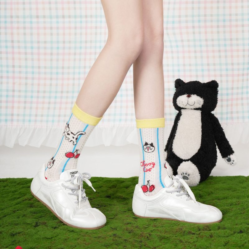 Cherry Cow Cat Summer Women's Thin Cute Striped Plaid Mid-Tube Dopamine Breathable Non-Slip Combed Cotton Socks - Image 2