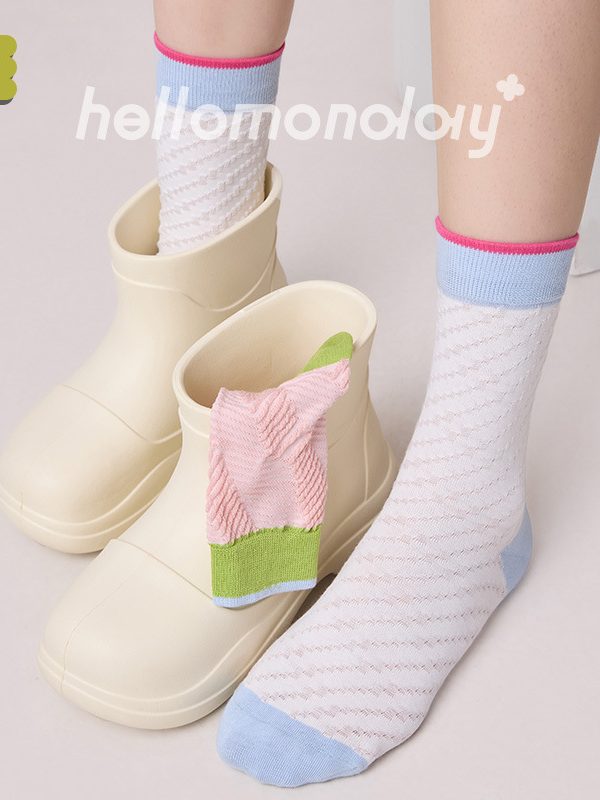 Socks Women's Summer Thin Contrast Color Mid-length Socks Ins Trendy Reverse Yarn Stockings Cotton Mesh Boneless Summer