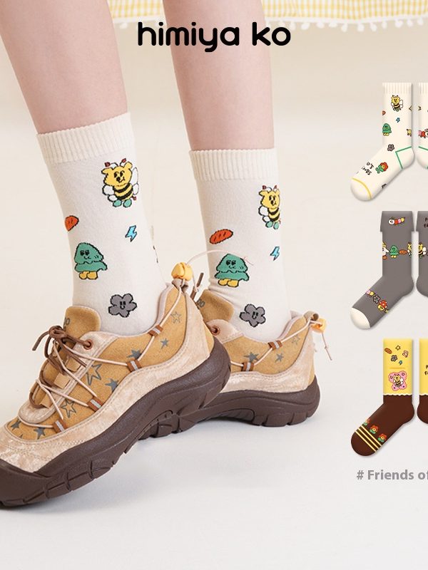 Popo Series Summer Cute Cartoon Women's Socks Combed Cotton Sweat-Absorbent Breathable Cuffed Cuff Design Mid-Calf Socks