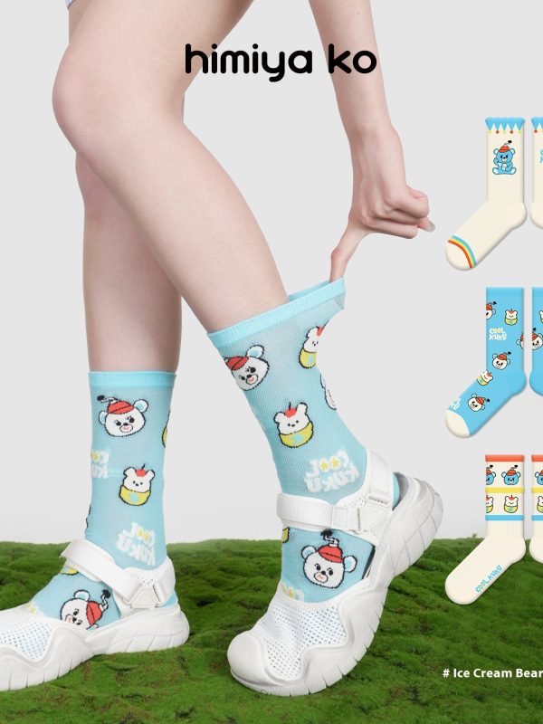 Ice Shaved Bear Summer Socks for Women, Thin Cute Cartoon Breathable Combed Cotton Hollow Sports Non-Slip Mid-Calf