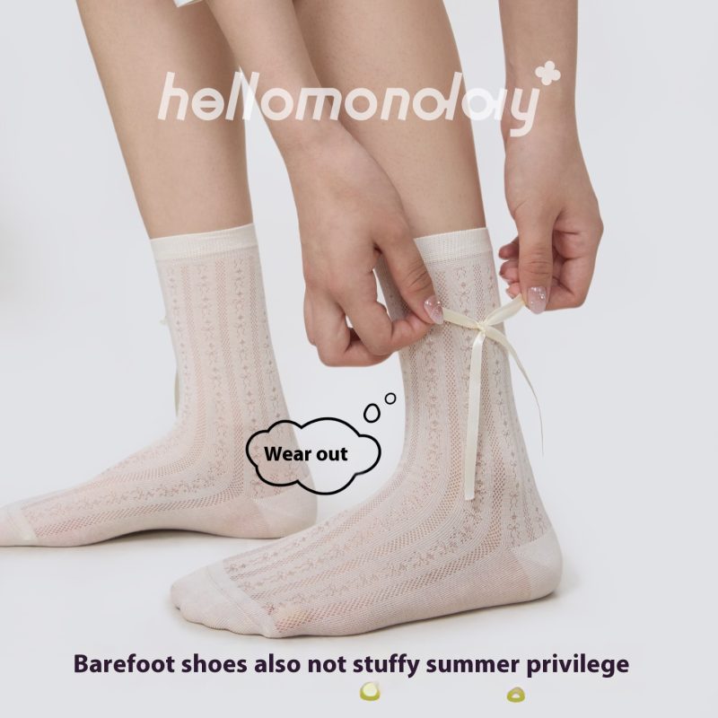 Women's Summer Thin White Mesh Mid-Calf Socks Cotton Miu Ballet Style with Small Leather Shoes Solid Color Seamless - Image 4